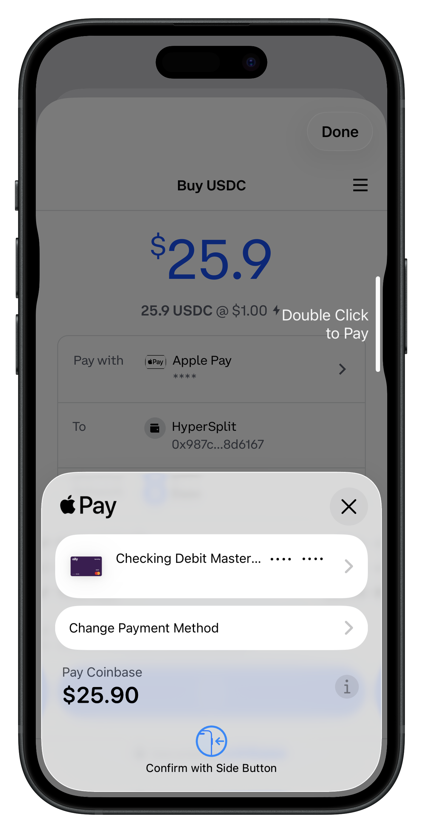 One-tap settlement with Coinbase and Apple Pay